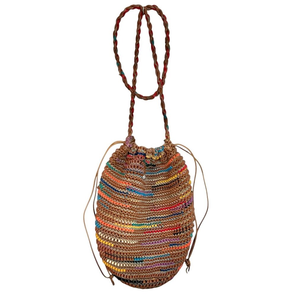 Woven Multicolor Leather Bucket Bag With Drawstring Closure